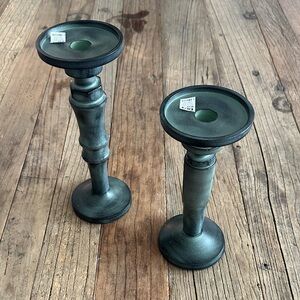 tag Heavy patina green metal candlestick set.